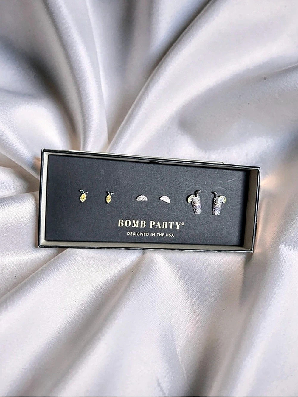 Bomb Party Squeeze the Day Earrings in Silver & Yellow NWT